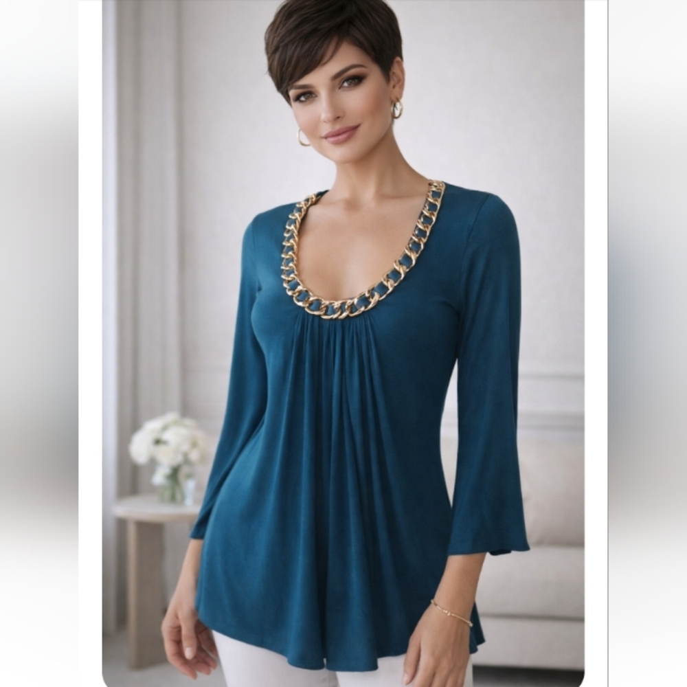 Sky Blue Scoop Neck Top with Gold Chain Detail Size XS MSRP $118